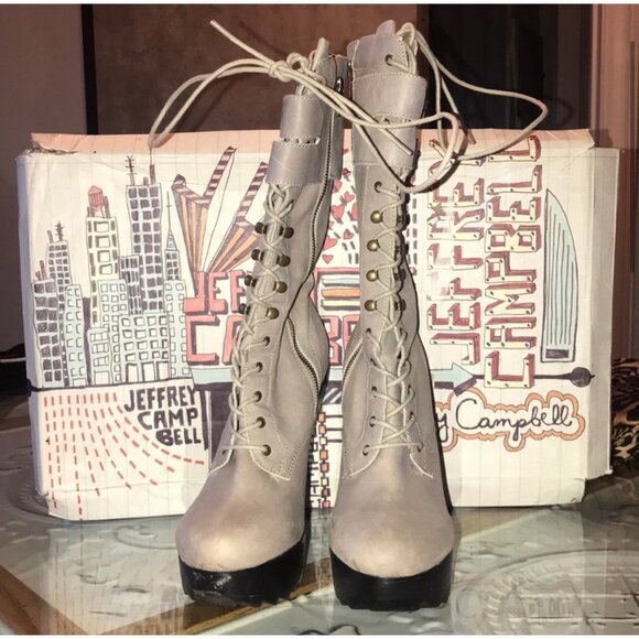 Jeffrey Campbell Gray Lace-Up Military Style Platform Zippered Combat Heel Boots - Picture 3 of 6